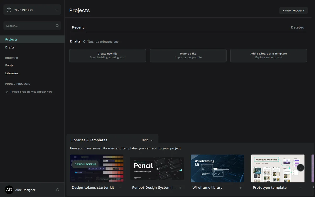 Penpot dashboard showing the default team and drafts workspace