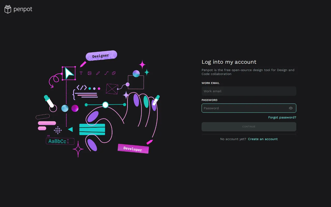 Penpot login screen with the create account option for a self-hosted design platform