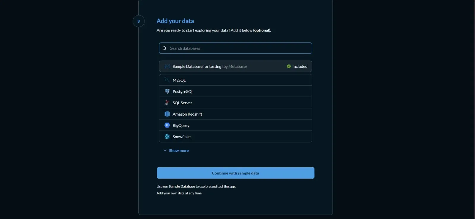 Metabase prompt to connect the first data source during initial setup