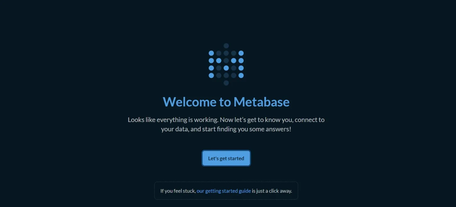 Metabase welcome screen prompting for a preferred language during first-run setup