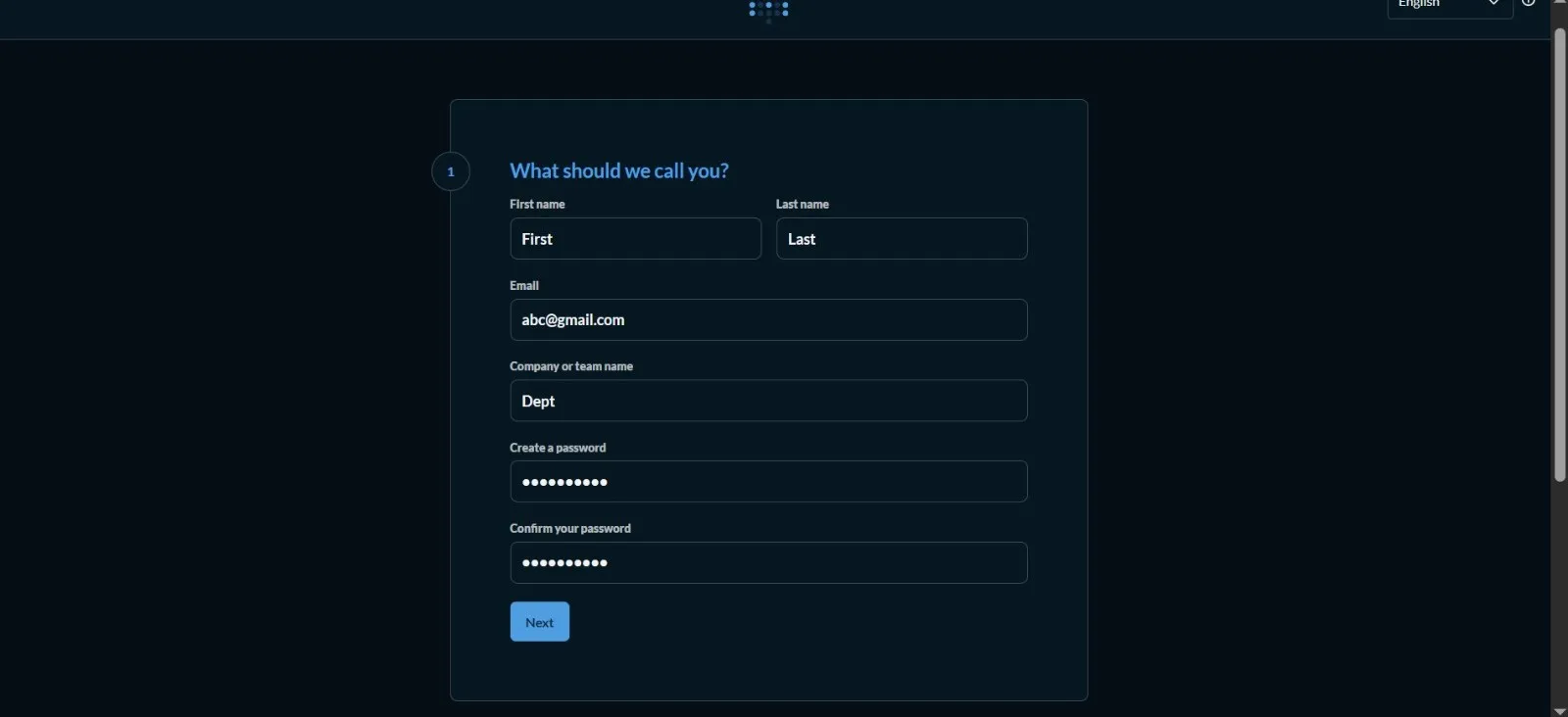 Metabase setup form for creating the initial administrator account